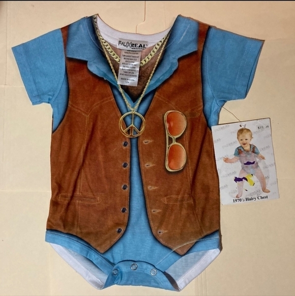 NWT Faux Real 1970's Hairy Chest Hippy One Piece Funny Halloween Costume NEW - Picture 1 of 5